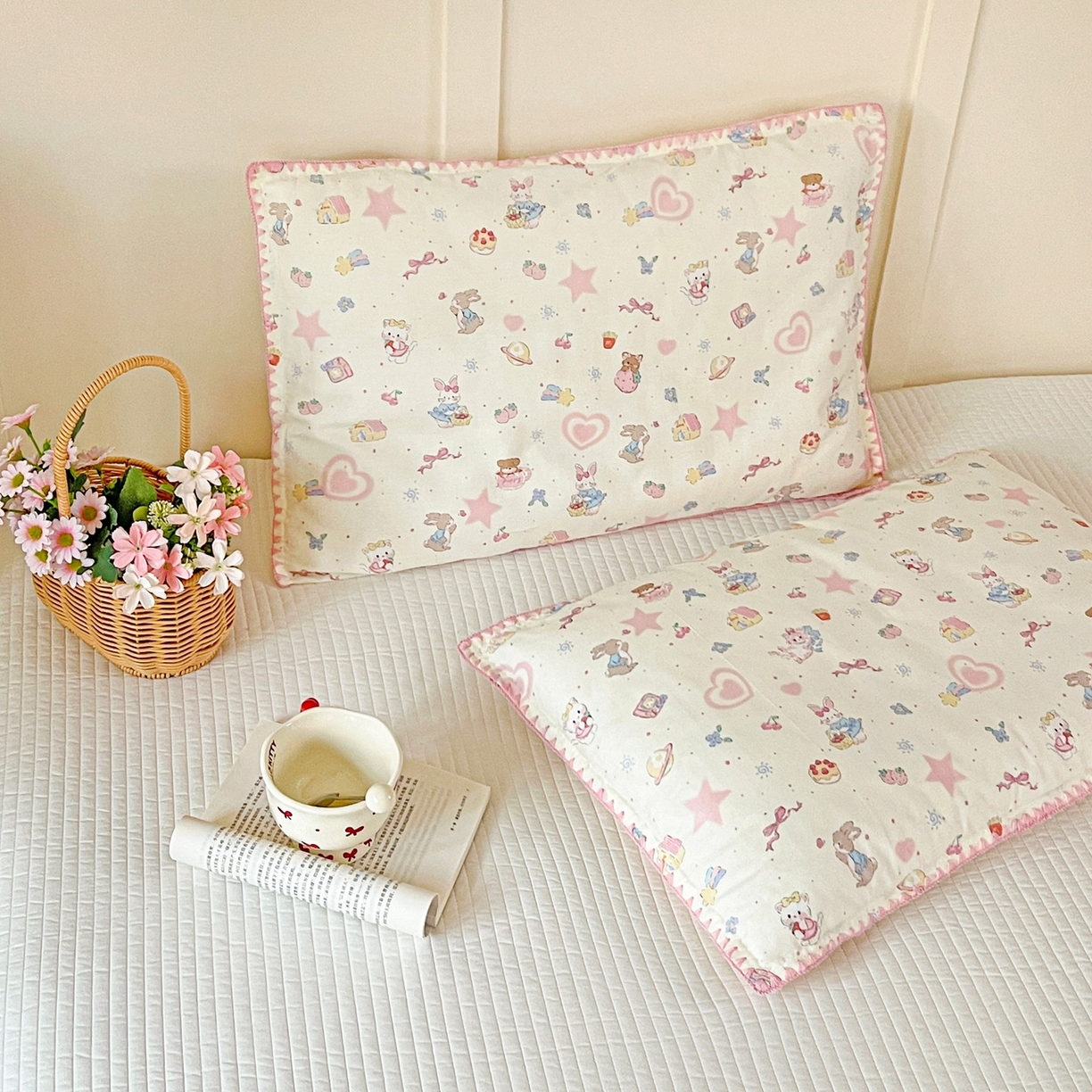 91家纺网 家纺一手货源 找家纺 小桃姐家纺 2026新款全棉纯棉贝壳边三角针单枕套双层纱枕套单件儿童枕套 动物派对