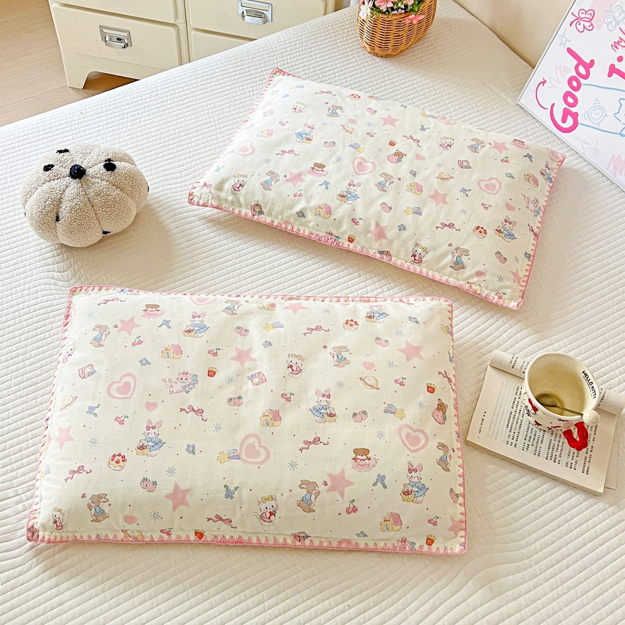 91家纺网 家纺一手货源 找家纺 小桃姐家纺 2026新款全棉纯棉贝壳边三角针单枕套双层纱枕套单件儿童枕套 动物派对