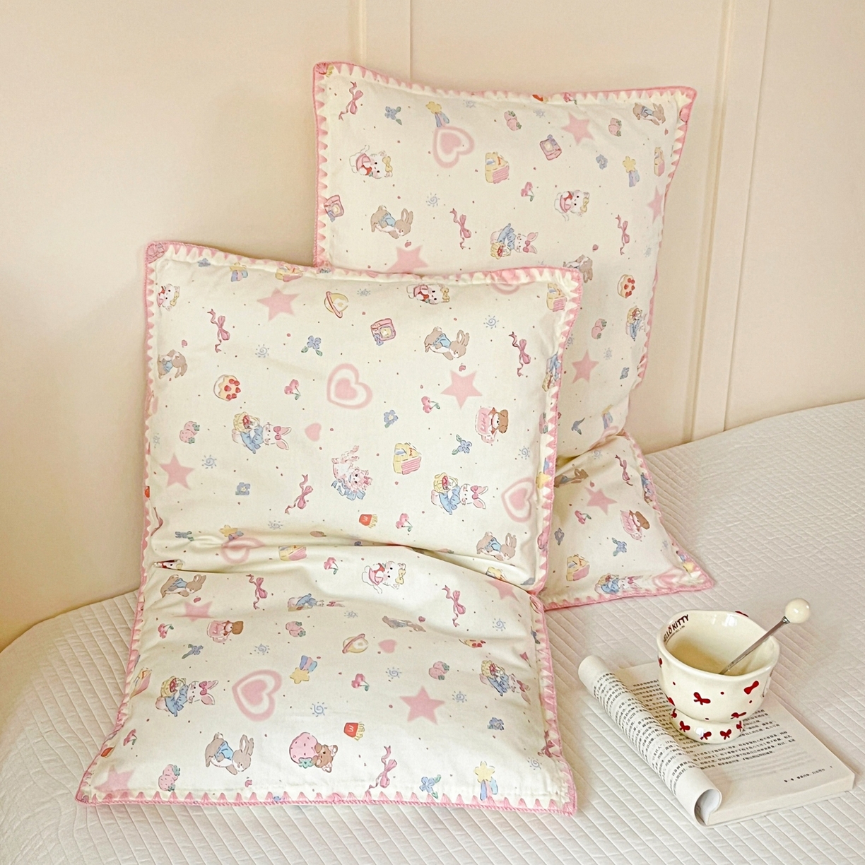 91家纺网 家纺一手货源 找家纺 小桃姐家纺 2026新款全棉纯棉贝壳边三角针单枕套双层纱枕套单件儿童枕套 动物派对