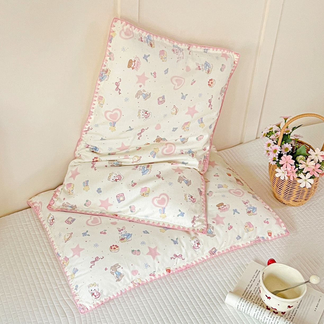 91家纺网 家纺一手货源 找家纺 小桃姐家纺 2026新款全棉纯棉贝壳边三角针单枕套双层纱枕套单件儿童枕套 动物派对