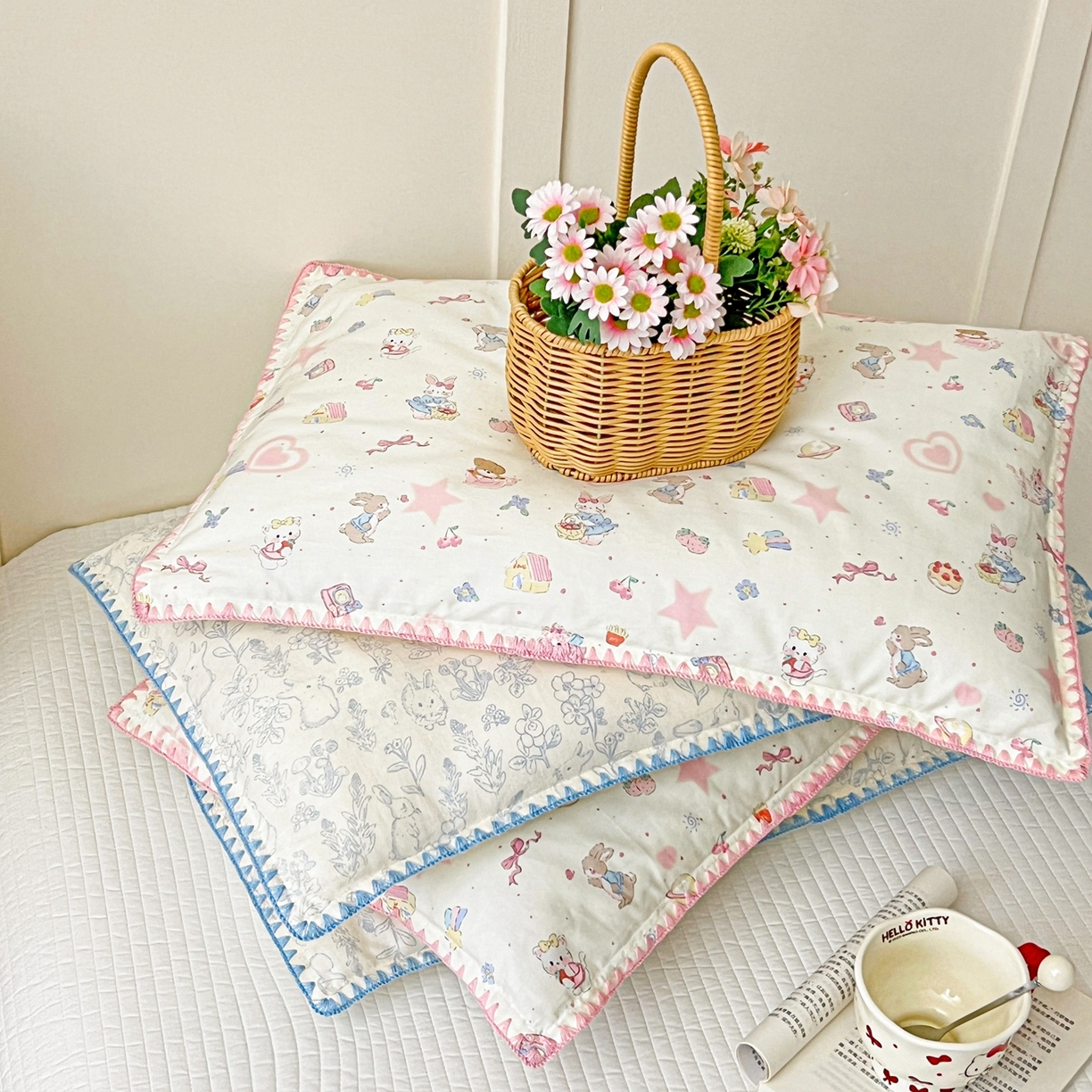 91家纺网 家纺一手货源 找家纺 小桃姐家纺 2026新款全棉纯棉贝壳边三角针单枕套双层纱枕套单件儿童枕套 组合图（仅供展示不可下单）