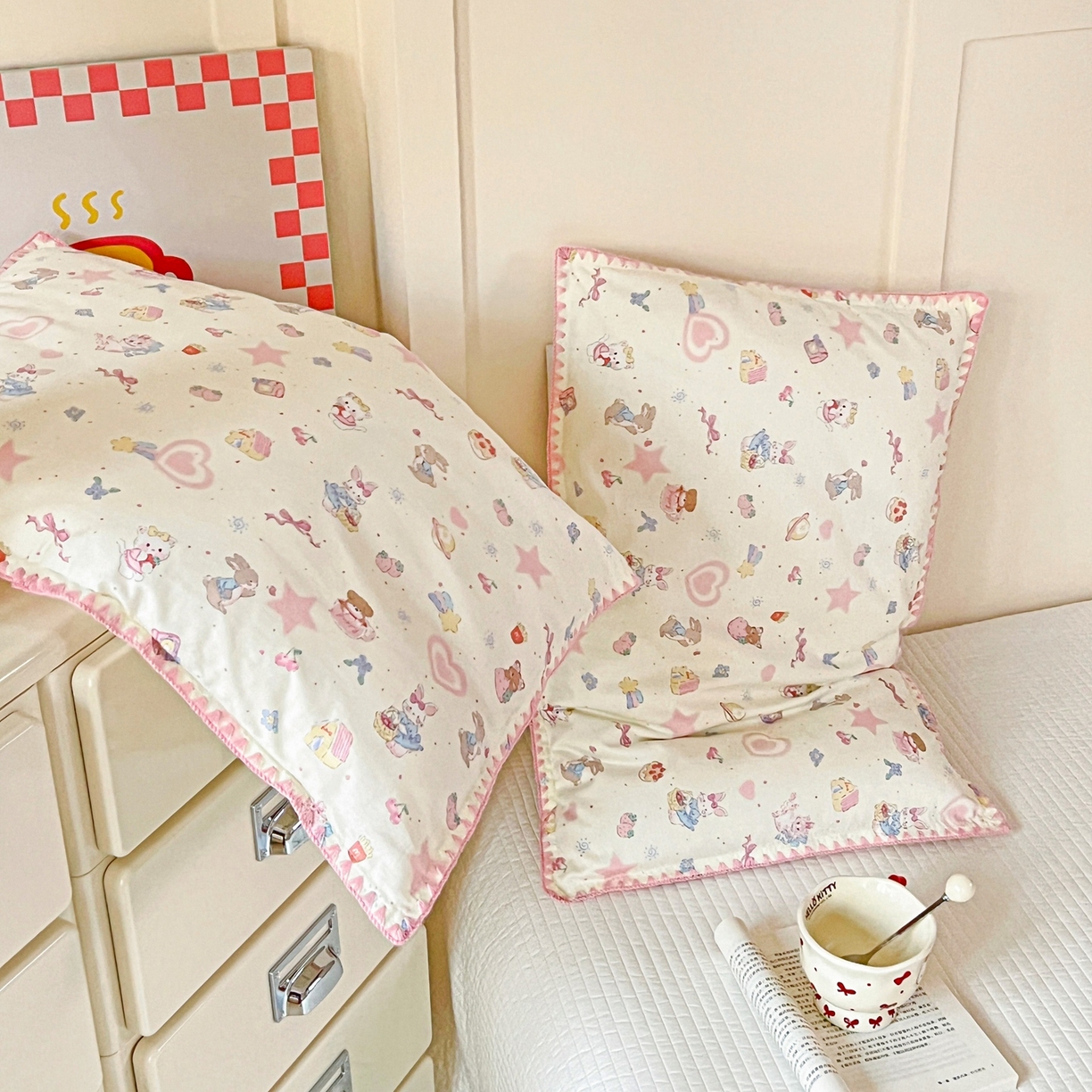 91家纺网 家纺一手货源 找家纺 小桃姐家纺 2026新款全棉纯棉贝壳边三角针单枕套双层纱枕套单件儿童枕套 动物派对