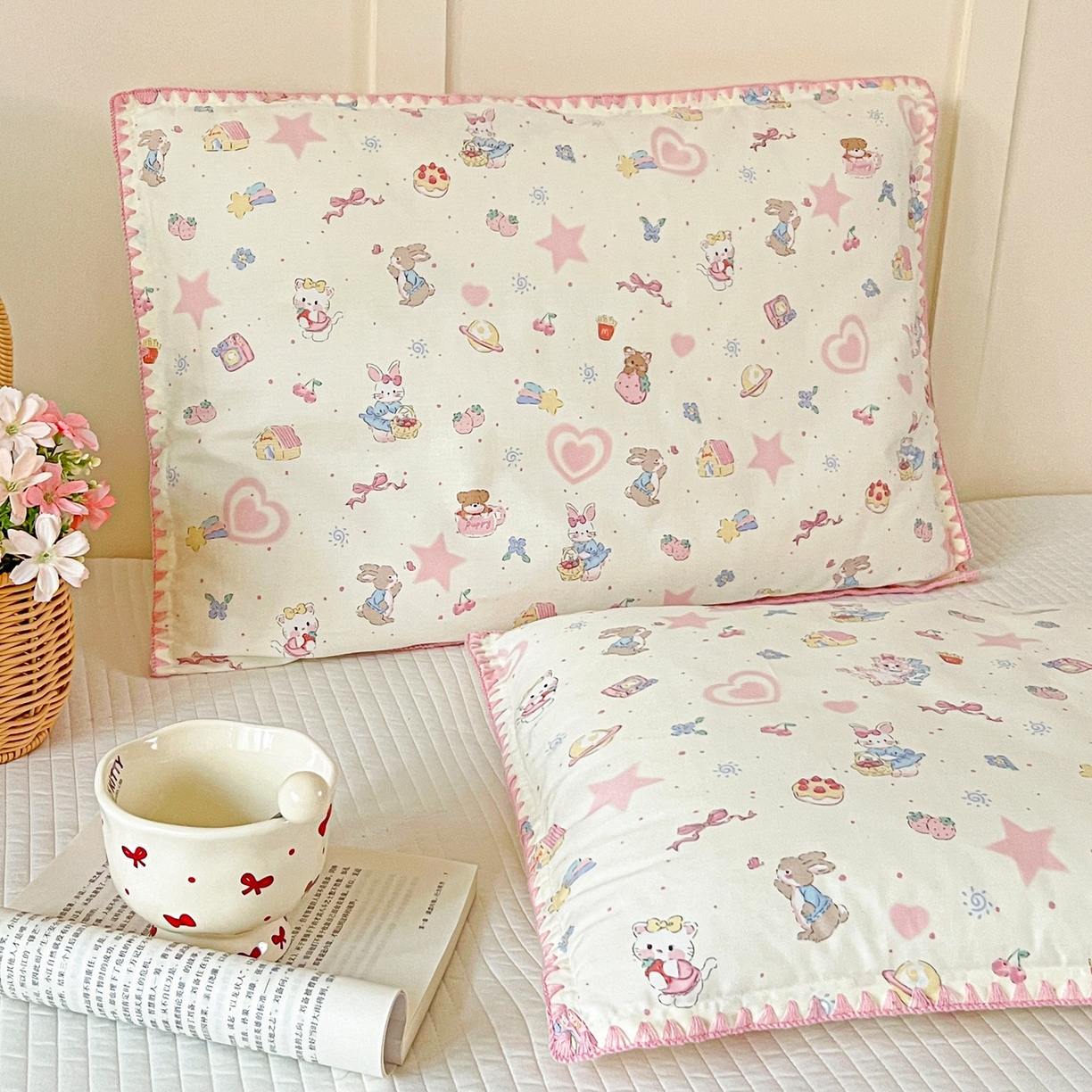 91家纺网 家纺一手货源 找家纺 小桃姐家纺 2026新款全棉纯棉贝壳边三角针单枕套双层纱枕套单件儿童枕套 动物派对