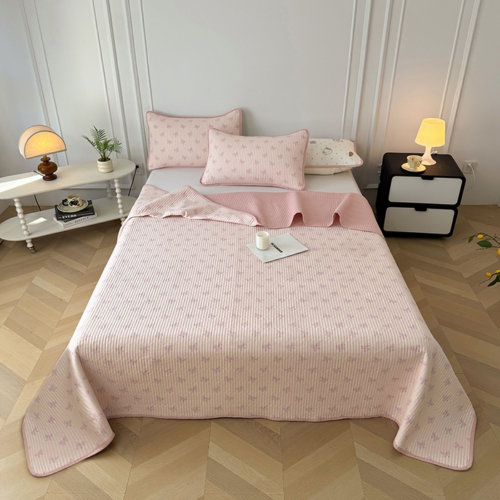 91家纺网 家纺一手货源 找家纺 卢赛尔 2026新款木棉床盖三件套四件套软床垫-四季款 蝴蝶结粉