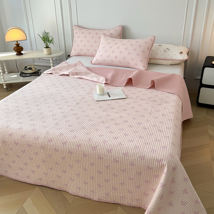 91家纺网 家纺一手货源 找家纺 卢赛尔 2026新款木棉床盖三件套四件套软床垫-四季款 蝴蝶结粉