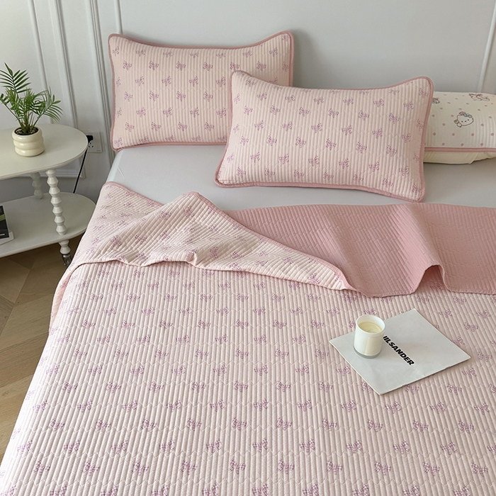 91家纺网 家纺一手货源 找家纺 卢赛尔 2026新款木棉床盖三件套四件套软床垫-四季款 蝴蝶结粉