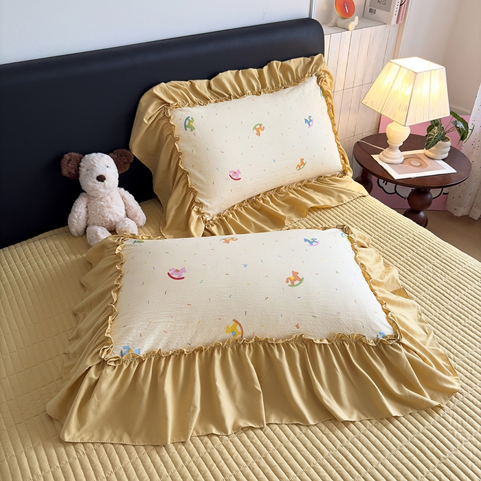 91家纺网 家纺一手货源 找家纺 2026 铠畅新款韩系古法韩国水洗棉仿棉云感棉法式浪漫大花边床盖四件套 春日小马