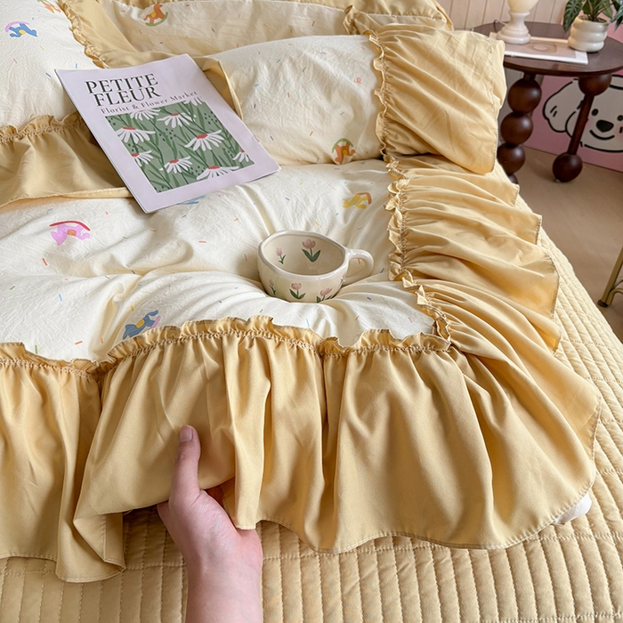 91家纺网 家纺一手货源 找家纺 2026 铠畅新款韩系古法韩国水洗棉仿棉云感棉法式浪漫大花边床盖四件套 春日小马