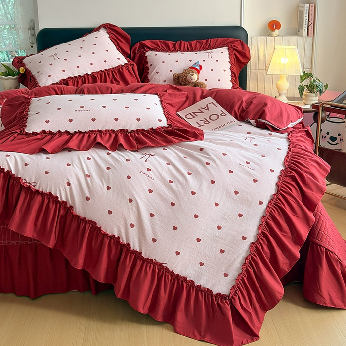 91家纺网 家纺一手货源 找家纺 2026 铠畅新款韩系古法韩国水洗棉仿棉云感棉法式浪漫大花边床盖四件套 粉调爱心