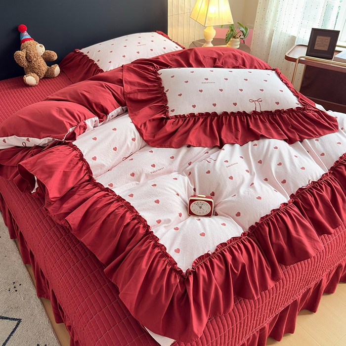 91家纺网 家纺一手货源 找家纺 2026 铠畅新款韩系古法韩国水洗棉仿棉云感棉法式浪漫大花边床盖四件套 粉调爱心