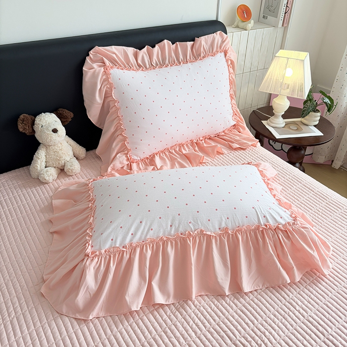 91家纺网 家纺一手货源 找家纺 2026 铠畅新款韩系古法韩国水洗棉仿棉云感棉法式浪漫大花边床盖四件套 粉雾波点