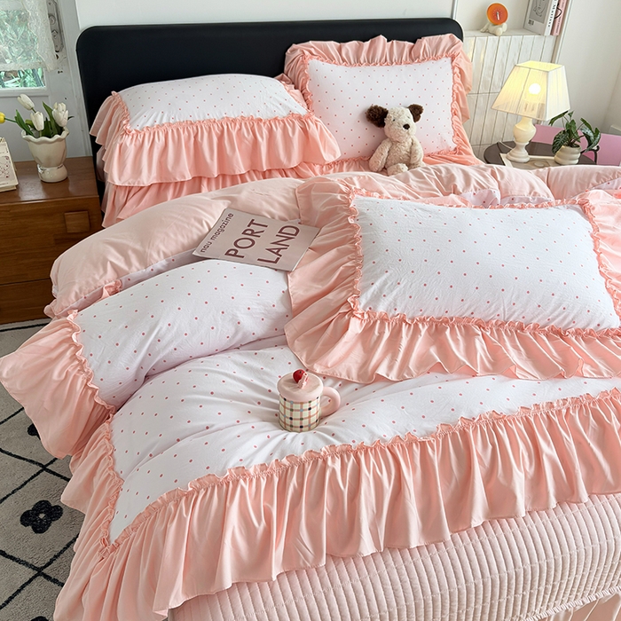 91家纺网 家纺一手货源 找家纺 2026 铠畅新款韩系古法韩国水洗棉仿棉云感棉法式浪漫大花边床盖四件套 粉雾波点