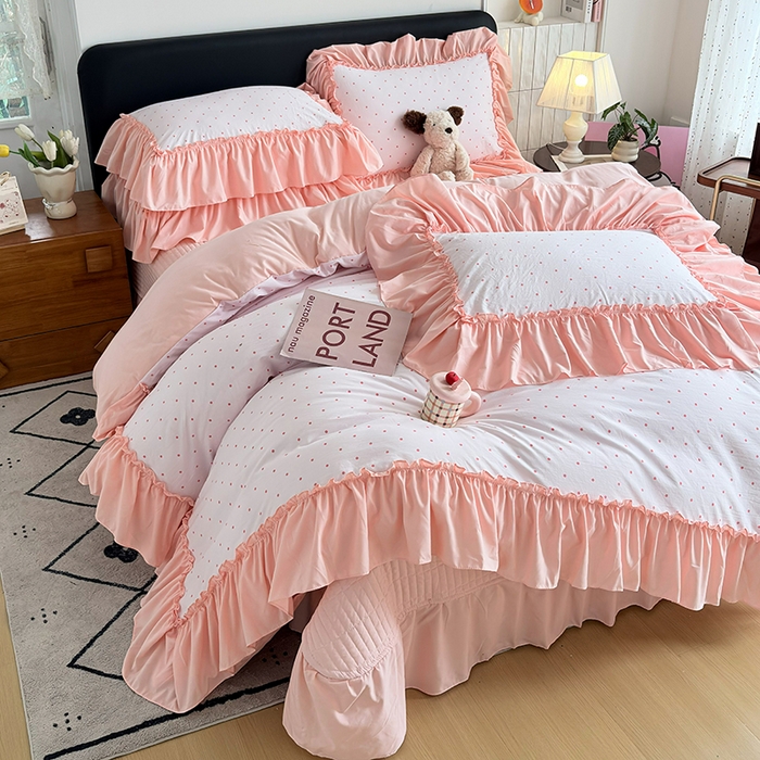 2026 铠畅新款韩系古法韩国水洗棉仿棉云感棉法式浪漫大花边床盖四件套 粉雾波点