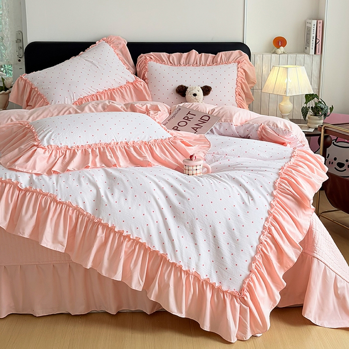 91家纺网 家纺一手货源 找家纺 2026 铠畅新款韩系古法韩国水洗棉仿棉云感棉法式浪漫大花边床盖四件套 粉雾波点