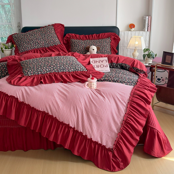 91家纺网 家纺一手货源 找家纺 2026 铠畅新款韩系古法韩国水洗棉仿棉云感棉法式浪漫大花边床盖四件套 红调花漾