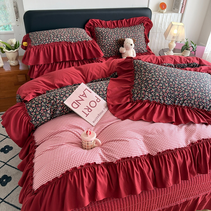 91家纺网 家纺一手货源 找家纺 2026 铠畅新款韩系古法韩国水洗棉仿棉云感棉法式浪漫大花边床盖四件套 红调花漾