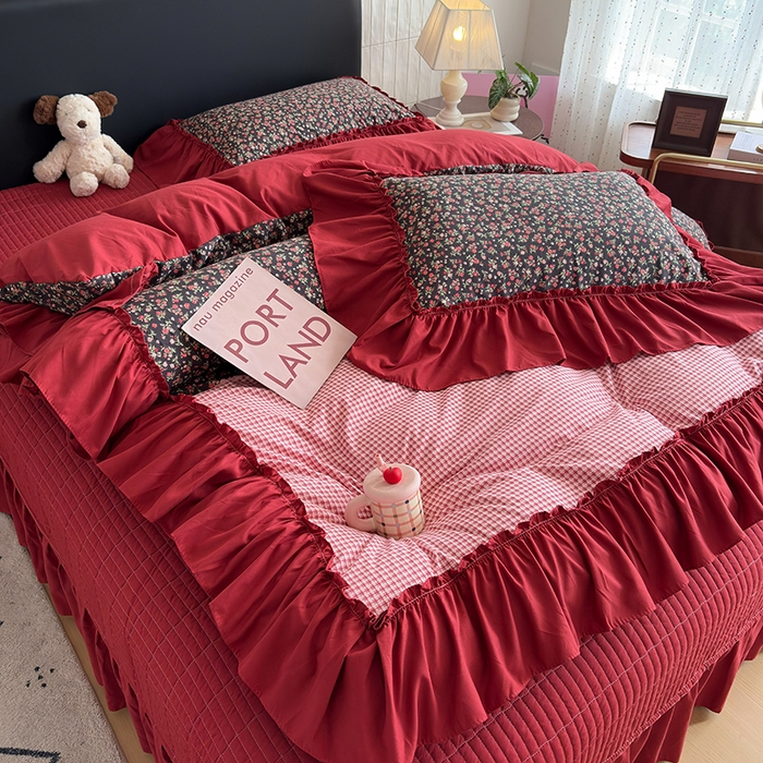 91家纺网 家纺一手货源 找家纺 2026 铠畅新款韩系古法韩国水洗棉仿棉云感棉法式浪漫大花边床盖四件套 红调花漾