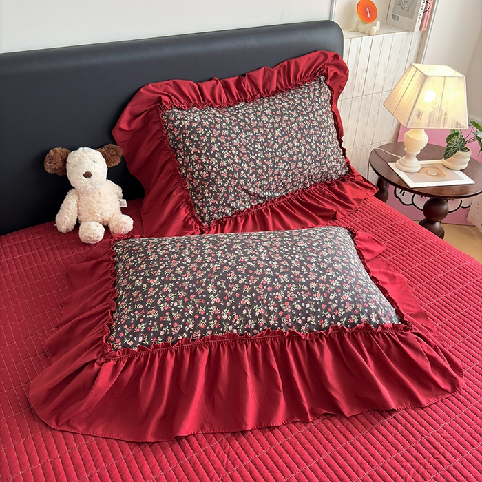 91家纺网 家纺一手货源 找家纺 2026 铠畅新款韩系古法韩国水洗棉仿棉云感棉法式浪漫大花边床盖四件套 红调花漾