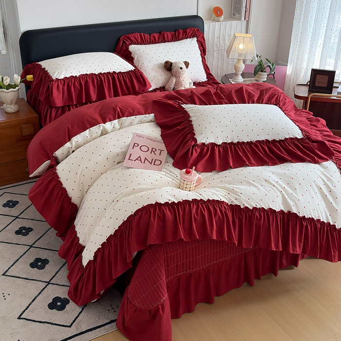 2026 铠畅新款韩系古法韩国水洗棉仿棉云感棉法式浪漫大花边床盖四件套 红雾波点