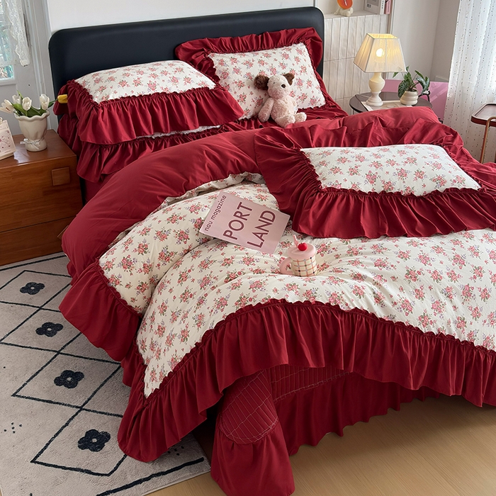 2026 铠畅新款韩系古法韩国水洗棉仿棉云感棉法式浪漫大花边床盖四件套 红韵玫瑰