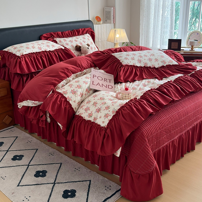 91家纺网 家纺一手货源 找家纺 2026 铠畅新款韩系古法韩国水洗棉仿棉云感棉法式浪漫大花边床盖四件套 红韵玫瑰