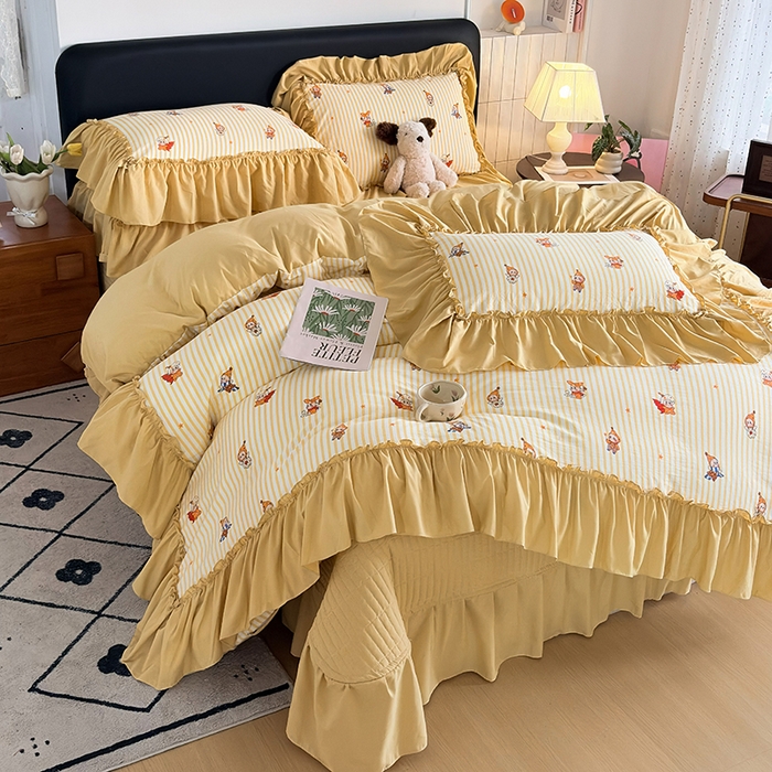 2026 铠畅新款韩系古法韩国水洗棉仿棉云感棉法式浪漫大花边床盖四件套 黄条萌宠