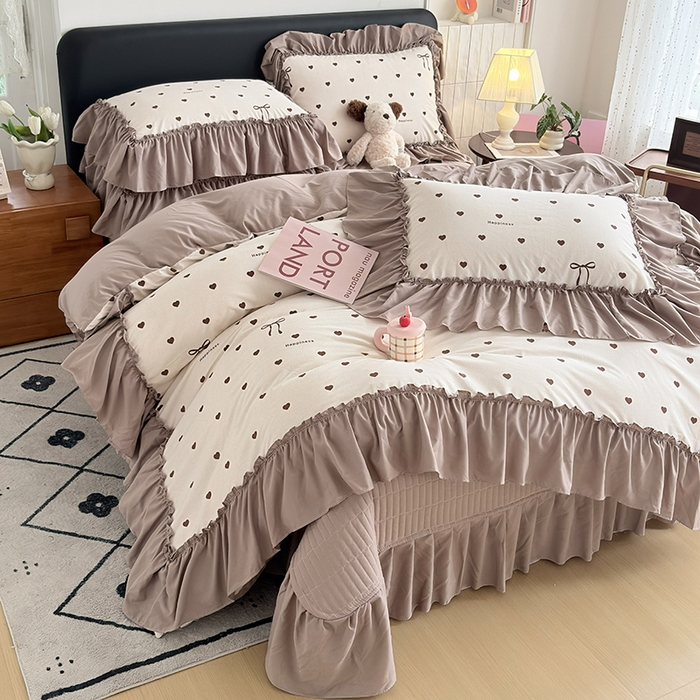 2026 铠畅新款韩系古法韩国水洗棉仿棉云感棉法式浪漫大花边床盖四件套 咖调爱心