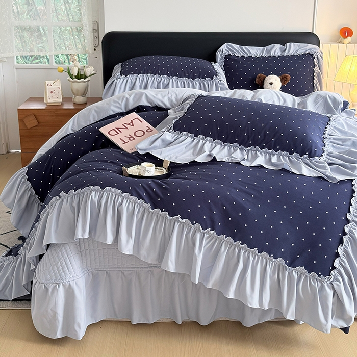 91家纺网 家纺一手货源 找家纺 2026 铠畅新款韩系古法韩国水洗棉仿棉云感棉法式浪漫大花边床盖四件套 蓝雾波点