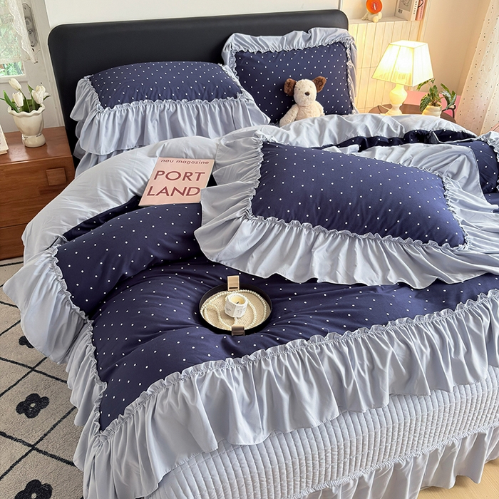 91家纺网 家纺一手货源 找家纺 2026 铠畅新款韩系古法韩国水洗棉仿棉云感棉法式浪漫大花边床盖四件套 蓝雾波点