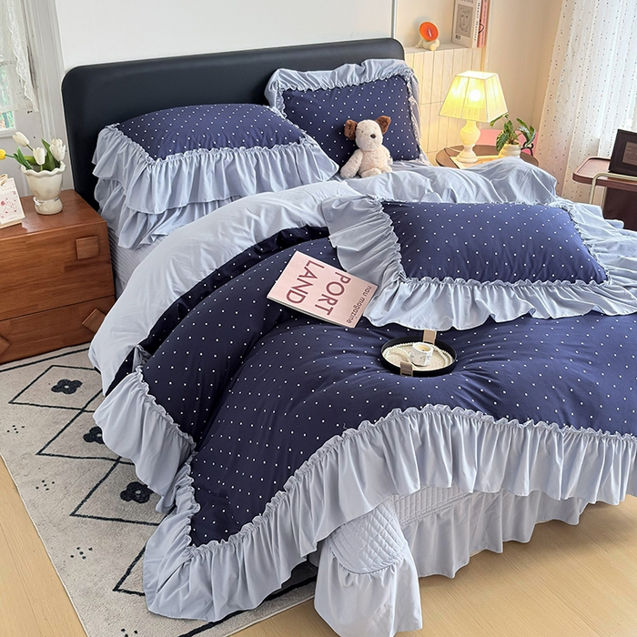 2026 铠畅新款韩系古法韩国水洗棉仿棉云感棉法式浪漫大花边床盖四件套 蓝雾波点
