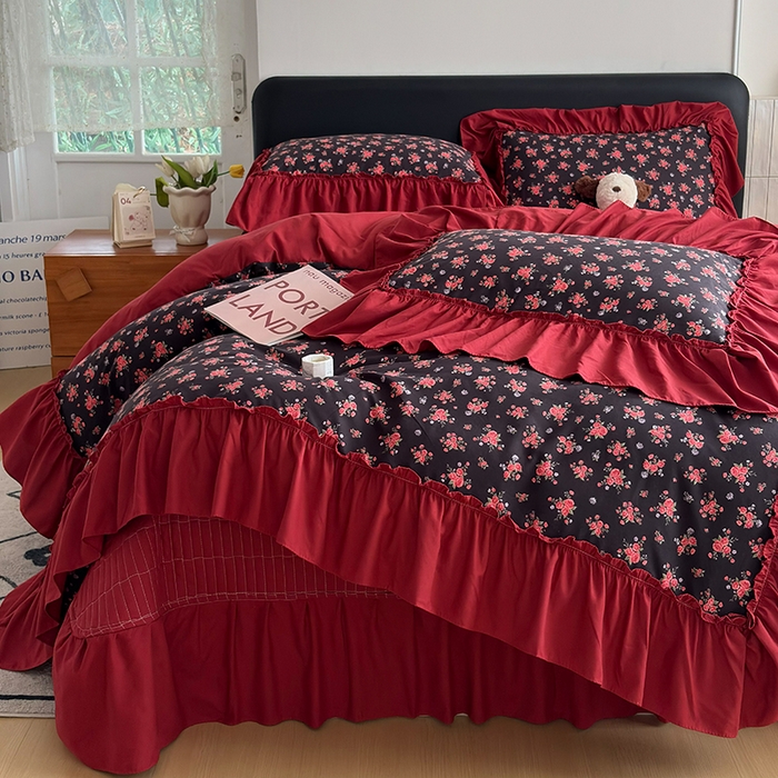 91家纺网 家纺一手货源 找家纺 2026 铠畅新款韩系古法韩国水洗棉仿棉云感棉法式浪漫大花边床盖四件套 玫瑰园