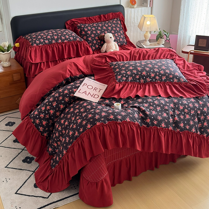 2026 铠畅新款韩系古法韩国水洗棉仿棉云感棉法式浪漫大花边床盖四件套 玫瑰园