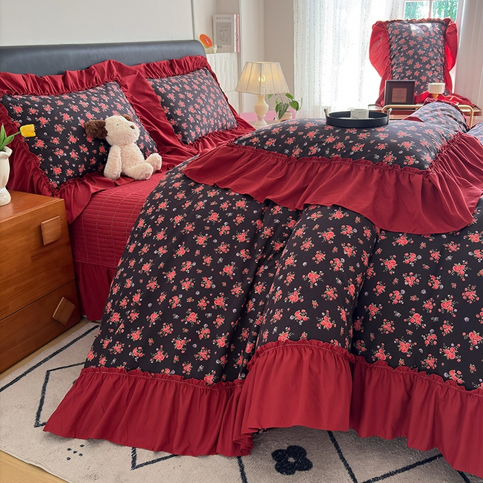 91家纺网 家纺一手货源 找家纺 2026 铠畅新款韩系古法韩国水洗棉仿棉云感棉法式浪漫大花边床盖四件套 玫瑰园