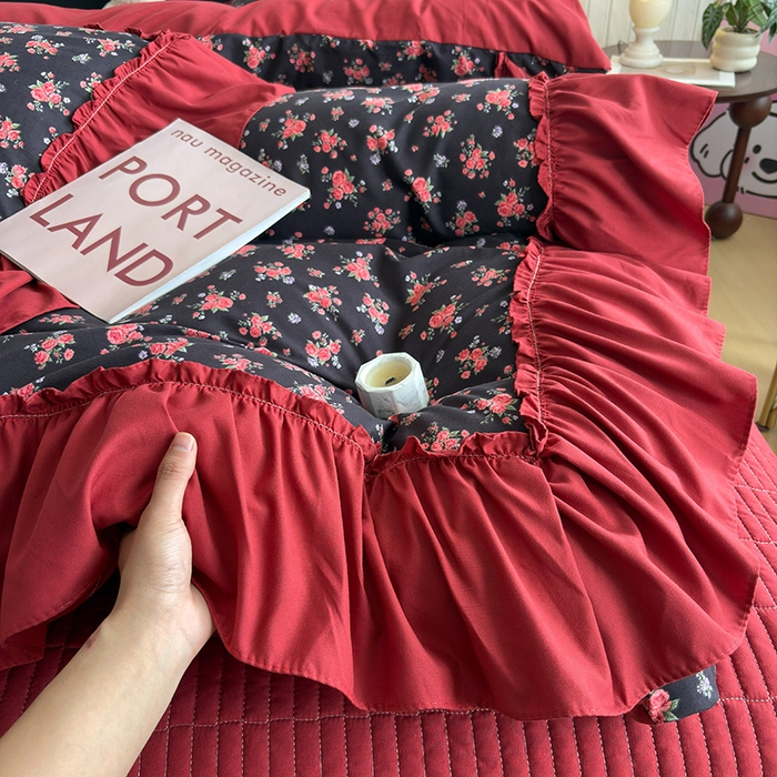 91家纺网 家纺一手货源 找家纺 2026 铠畅新款韩系古法韩国水洗棉仿棉云感棉法式浪漫大花边床盖四件套 玫瑰园