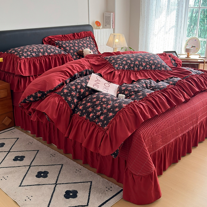 91家纺网 家纺一手货源 找家纺 2026 铠畅新款韩系古法韩国水洗棉仿棉云感棉法式浪漫大花边床盖四件套 玫瑰园