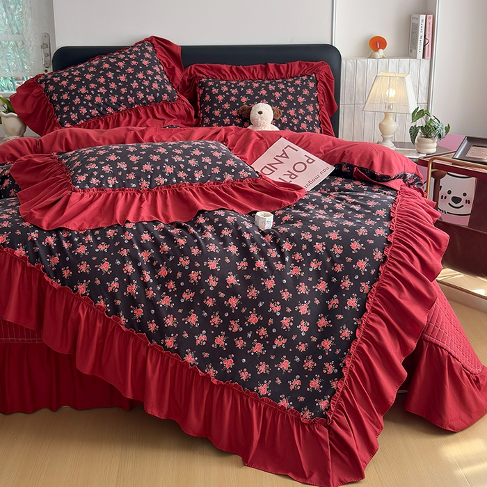 91家纺网 家纺一手货源 找家纺 2026 铠畅新款韩系古法韩国水洗棉仿棉云感棉法式浪漫大花边床盖四件套 玫瑰园