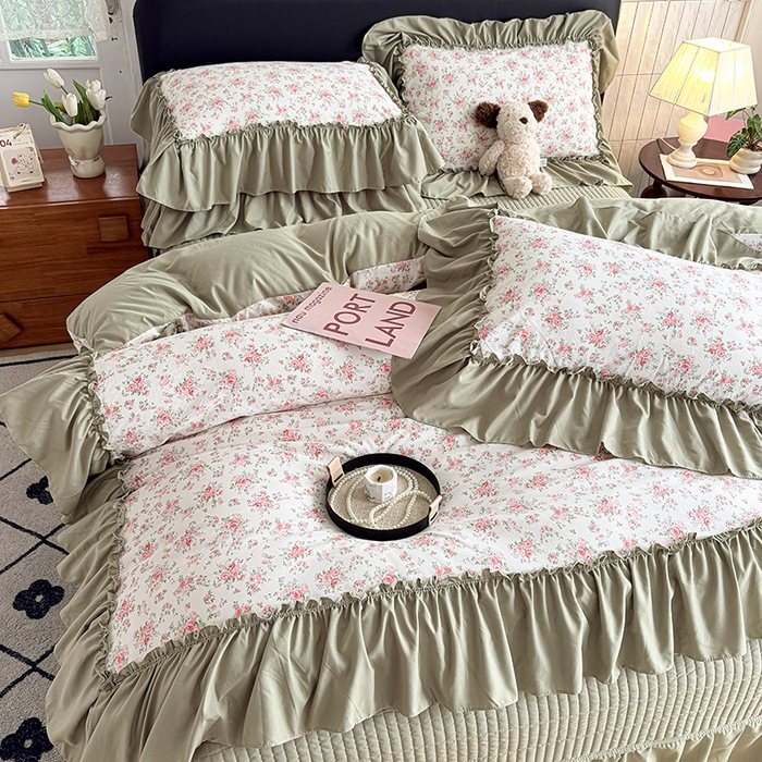 91家纺网 家纺一手货源 找家纺 2026 铠畅新款韩系古法韩国水洗棉仿棉云感棉法式浪漫大花边床盖四件套 抹茶玫瑰