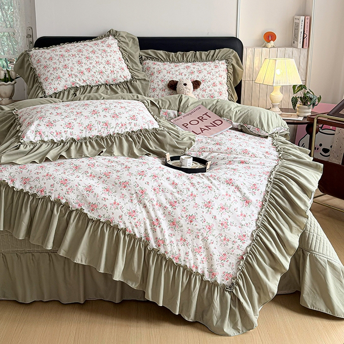 91家纺网 家纺一手货源 找家纺 2026 铠畅新款韩系古法韩国水洗棉仿棉云感棉法式浪漫大花边床盖四件套 抹茶玫瑰