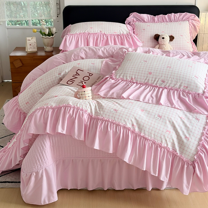 91家纺网 家纺一手货源 找家纺 2026 铠畅新款韩系古法韩国水洗棉仿棉云感棉法式浪漫大花边床盖四件套 奶粉kt