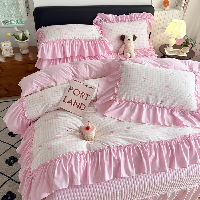 91家纺网 家纺一手货源 找家纺 2026 铠畅新款韩系古法韩国水洗棉仿棉云感棉法式浪漫大花边床盖四件套 奶粉kt