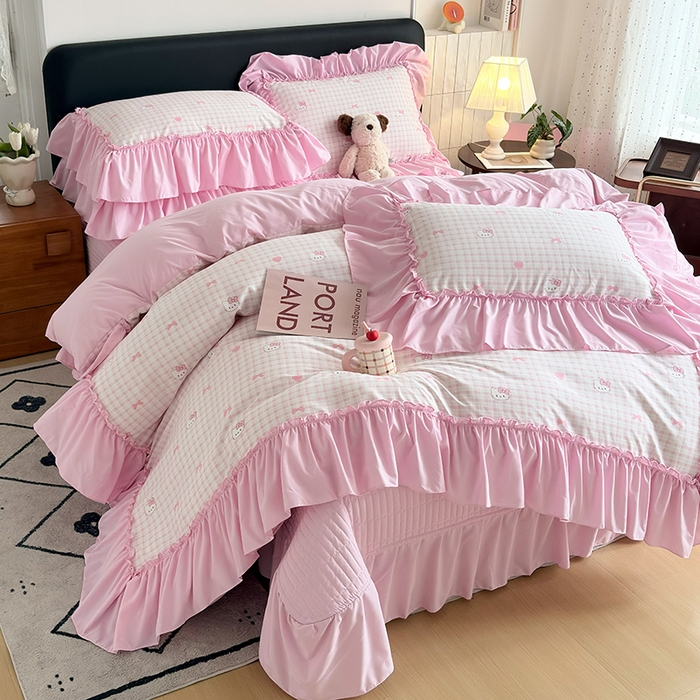 2026 铠畅新款韩系古法韩国水洗棉仿棉云感棉法式浪漫大花边床盖四件套 奶粉kt