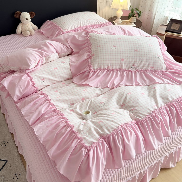 91家纺网 家纺一手货源 找家纺 2026 铠畅新款韩系古法韩国水洗棉仿棉云感棉法式浪漫大花边床盖四件套 奶粉kt