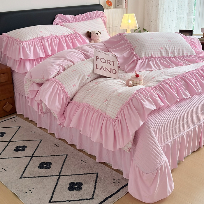 91家纺网 家纺一手货源 找家纺 2026 铠畅新款韩系古法韩国水洗棉仿棉云感棉法式浪漫大花边床盖四件套 奶粉kt