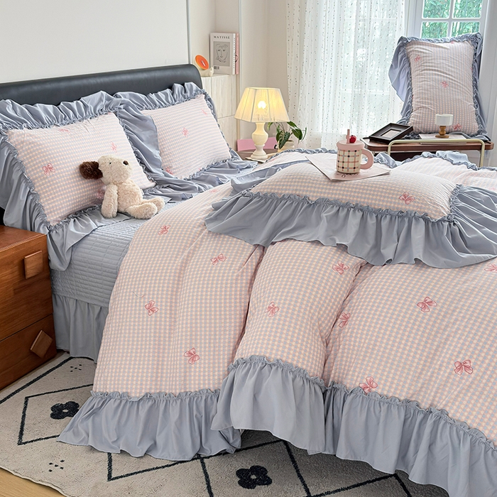 91家纺网 家纺一手货源 找家纺 2026 铠畅新款韩系古法韩国水洗棉仿棉云感棉法式浪漫大花边床盖四件套 奶格蝴蝶结