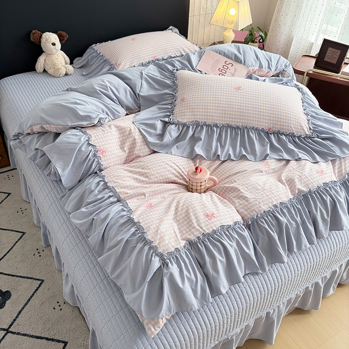 91家纺网 家纺一手货源 找家纺 2026 铠畅新款韩系古法韩国水洗棉仿棉云感棉法式浪漫大花边床盖四件套 奶格蝴蝶结