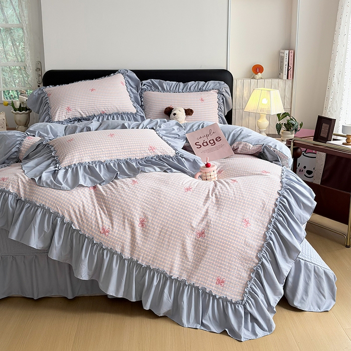 91家纺网 家纺一手货源 找家纺 2026 铠畅新款韩系古法韩国水洗棉仿棉云感棉法式浪漫大花边床盖四件套 奶格蝴蝶结