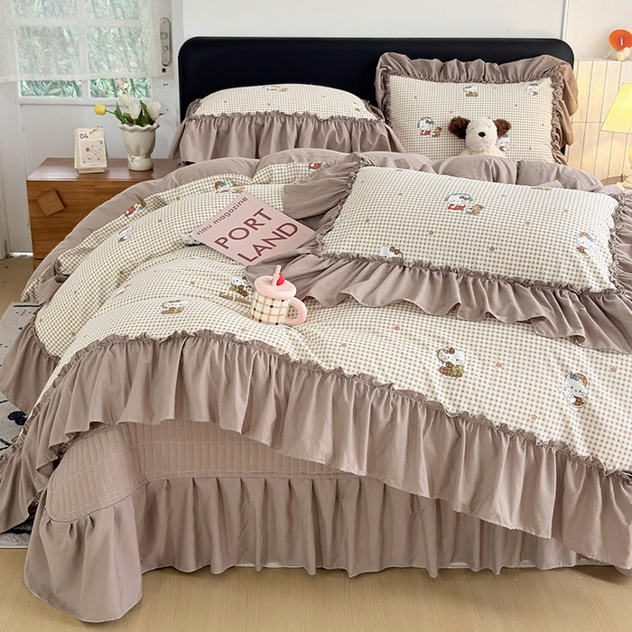 91家纺网 家纺一手货源 找家纺 2026 铠畅新款韩系古法韩国水洗棉仿棉云感棉法式浪漫大花边床盖四件套 奶咖kt