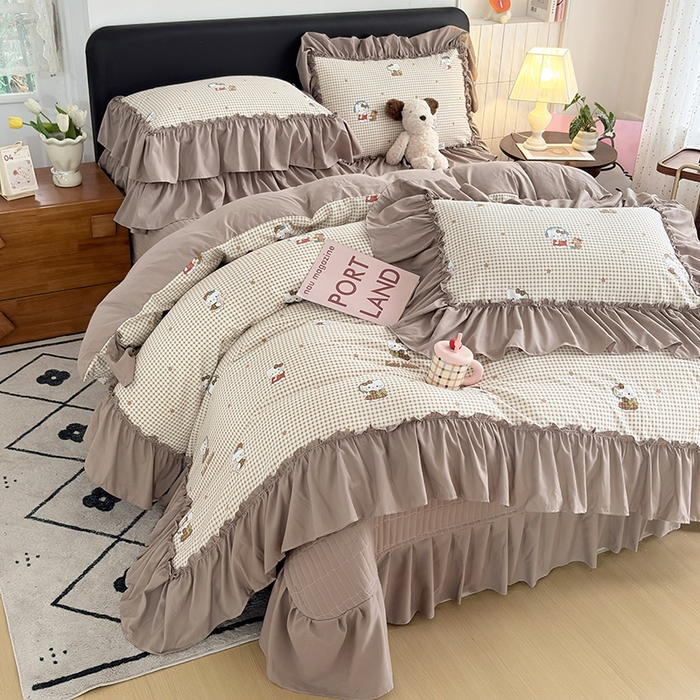 2026 铠畅新款韩系古法韩国水洗棉仿棉云感棉法式浪漫大花边床盖四件套 奶咖kt