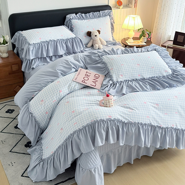 2026 铠畅新款韩系古法韩国水洗棉仿棉云感棉法式浪漫大花边床盖四件套 奶蓝kt