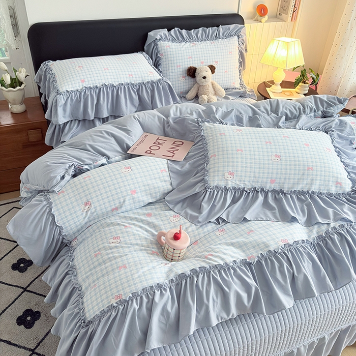 91家纺网 家纺一手货源 找家纺 2026 铠畅新款韩系古法韩国水洗棉仿棉云感棉法式浪漫大花边床盖四件套 奶蓝kt